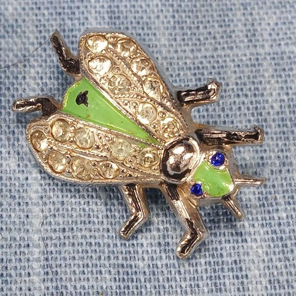 1950s Vintage Bug Pin with Clear Rhinestones and Green Enamel by Coro - Picture 1 of 5